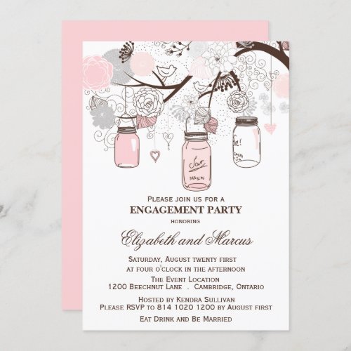 Pink  Gray Mason Jars Engagement Party Invitation