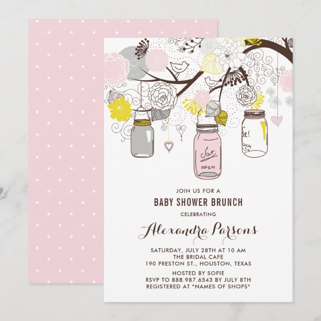 Pink & Gray Mason Jars Floral Baby Shower Brunch Invitation (Front/Back)