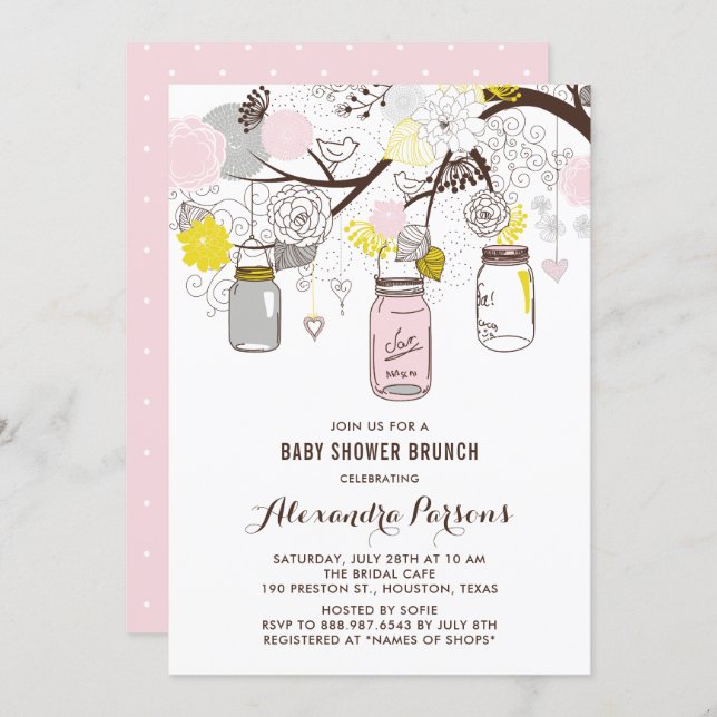 Pink & Gray Mason Jars Floral Baby Shower Brunch Invitation (Front/Back)