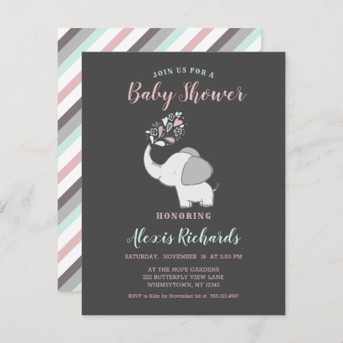 Pink Gray  Mint Cute Elephant Themed Baby Shower Invitation