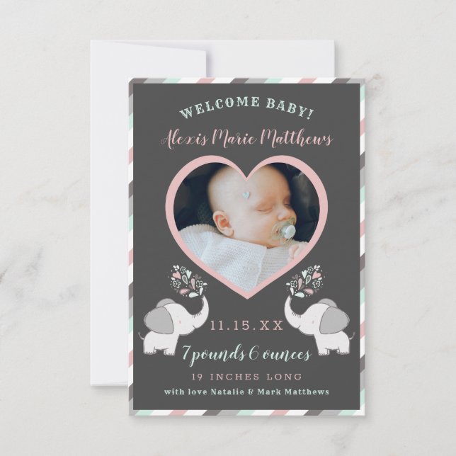 Pink Gray & Mint Elephant Baby Girl Photo Birth An Announcement (Front)