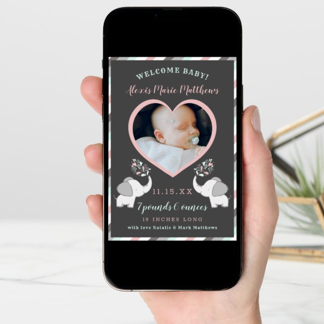 Pink Gray & Mint Elephant Baby Girl Photo Birth An Announcement (Front Digital)