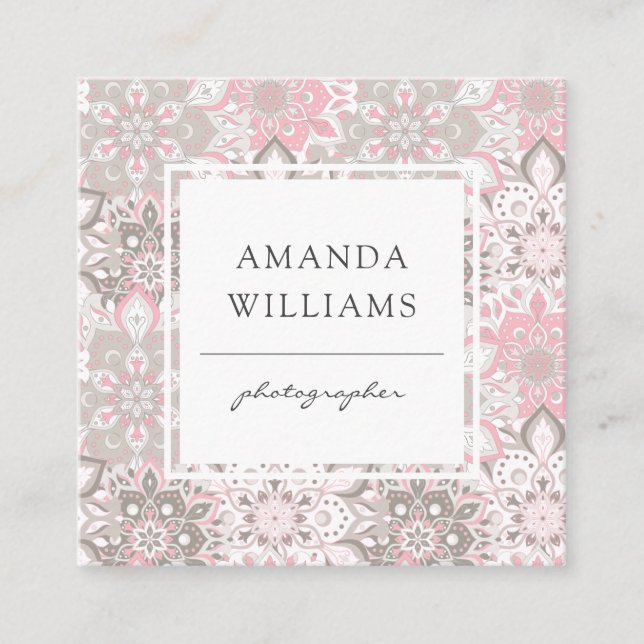 Pink Gray Modern Geometric Square Business Card (Front)