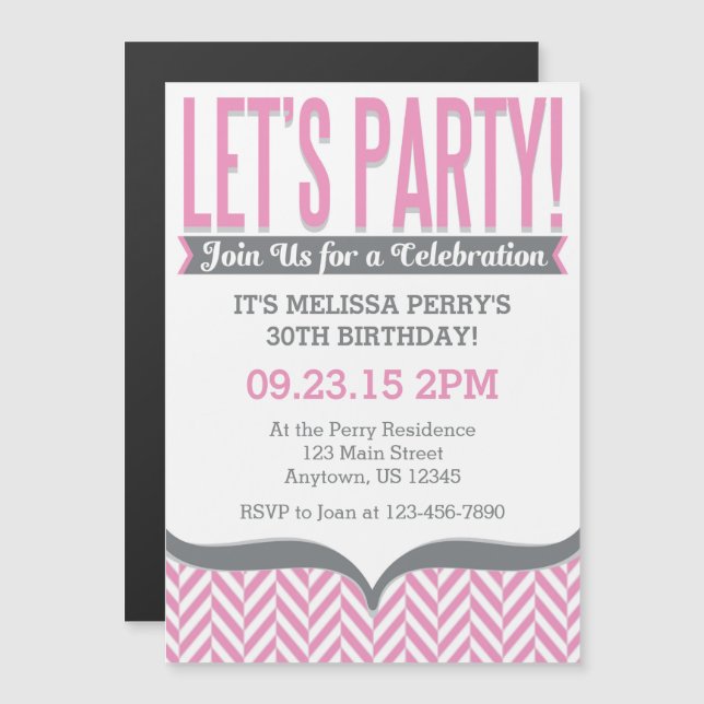 Pink Gray Modern Magnetic Birthday Invitations (Front/Back)