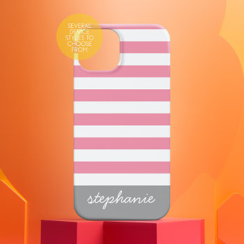 Pink Gray Modern Striped Pattern With Name Iphone 13 Mini Case by icases at Zazzle