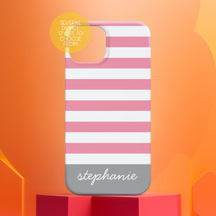 Pink Gray Modern Striped Pattern with Name iPhone 16 Pro Case