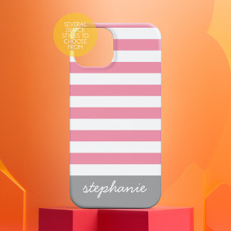 Pink Gray Modern Striped Pattern with Name iPhone 16 Pro Case
