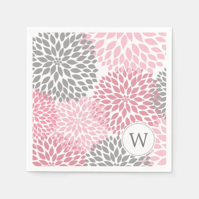 Pink Gray Monogram Dahlias dinner napkins (Front)