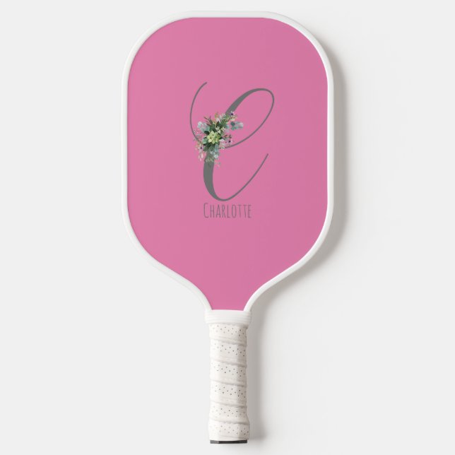 Pink gray monogram flower letter C Pickleball Paddle (Front)
