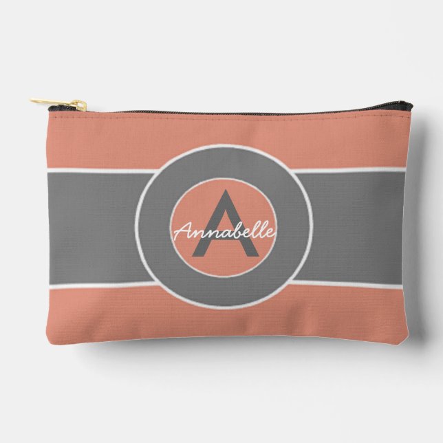 Pink Gray Monogram Personalized Accessory Pouch (Front)