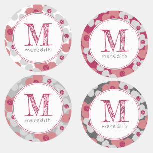 Pink Gray Monogram Simple Floral Cute Custom Kids' Labels