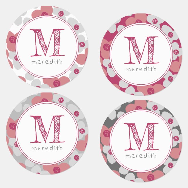 Pink Gray Monogram Simple Floral Cute Custom Kids' Labels (Group)