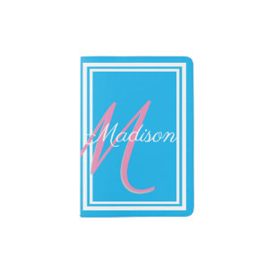 PINK & GRAY MONOGRAM +WHITE NAME on BRIGHT BLUE Passport Holder