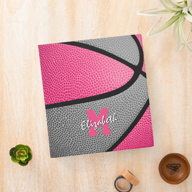 pink gray monogrammed girls basketball 3 ring binder (In Situ)