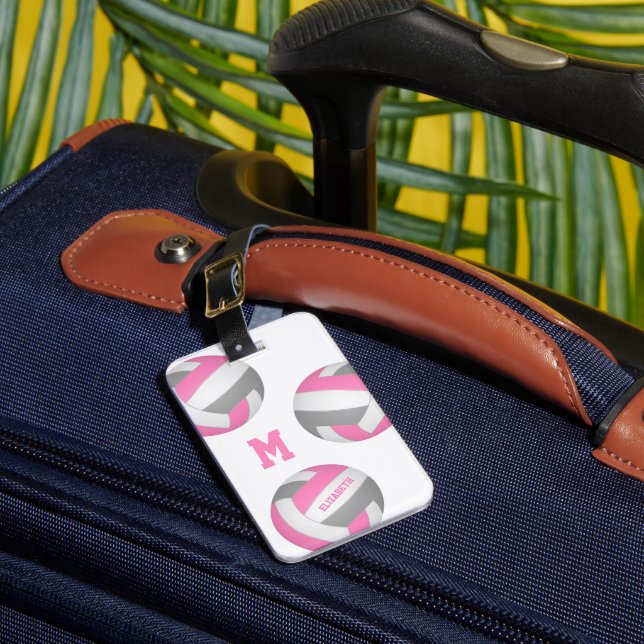 pink gray monogrammed volleyball bag luggage tag (Front Insitu 1)