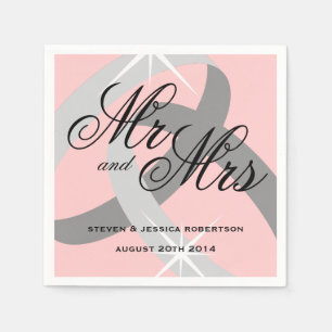 Pink gray Mr and Mrs wedding ring napkins