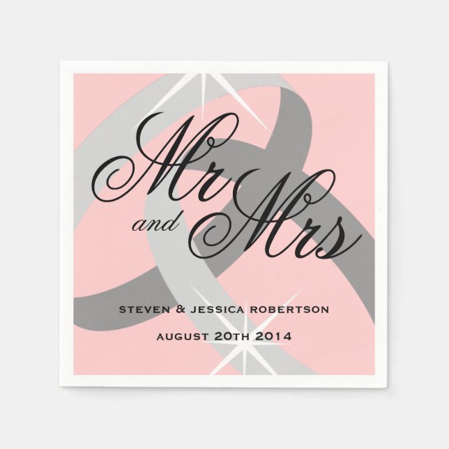 Pink gray Mr and Mrs wedding ring napkins (Front)