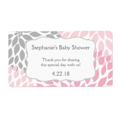 Pink Gray Mums Baby Shower Water Bottle Favor Label