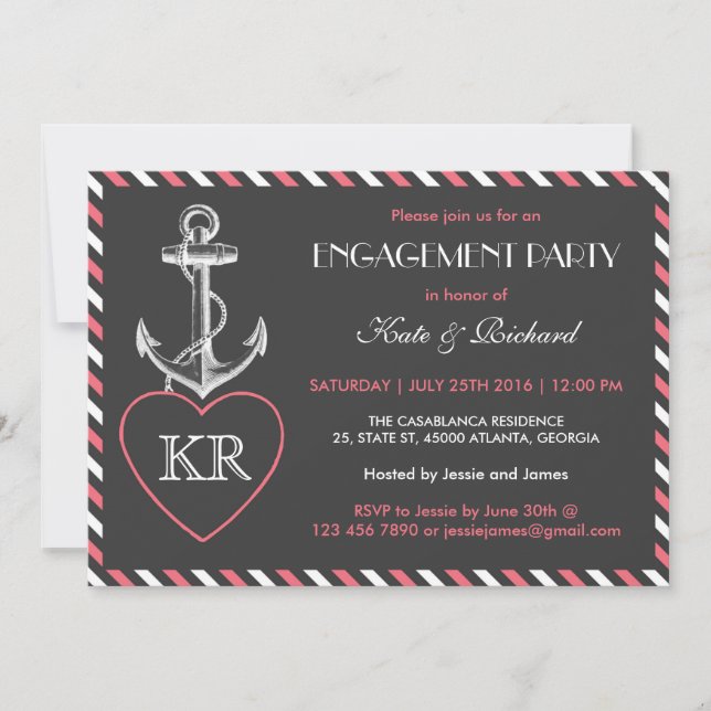 Pink Gray Nautical Anchor Engagement Party Invite (Front)
