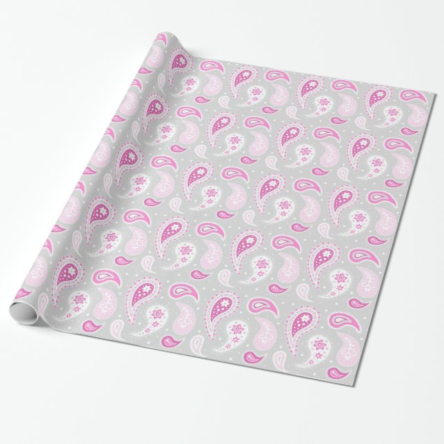 Pink Gray Paisley Pattern Wrapping Paper (Unrolled)