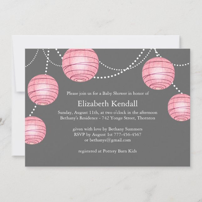 Pink & Gray Party Lantern Baby Shower Invitation (Front)