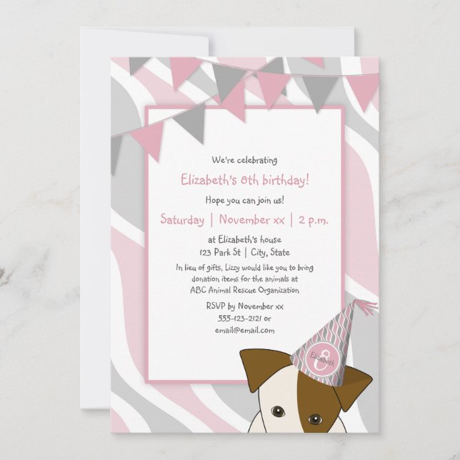 pink gray party puppy peeking girl's birthday invitation (Front)