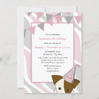pink gray party puppy peeking girl's birthday invitation
