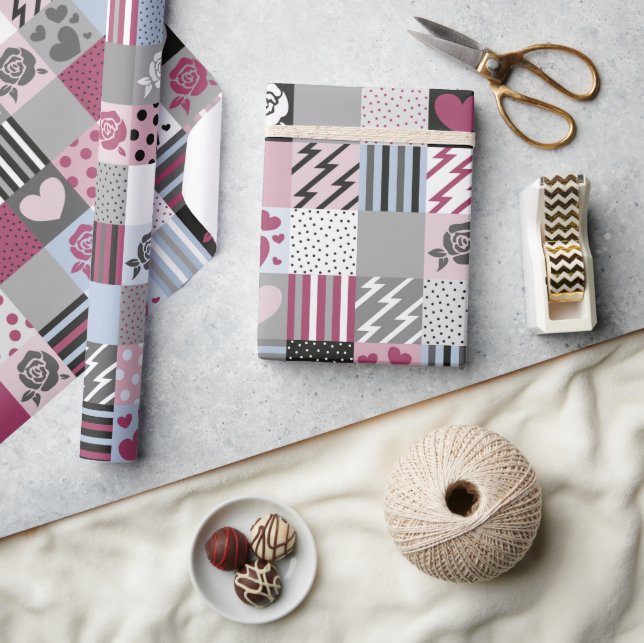 Pink & Gray Patchwork Hearts Wrapping Paper (Crafts)