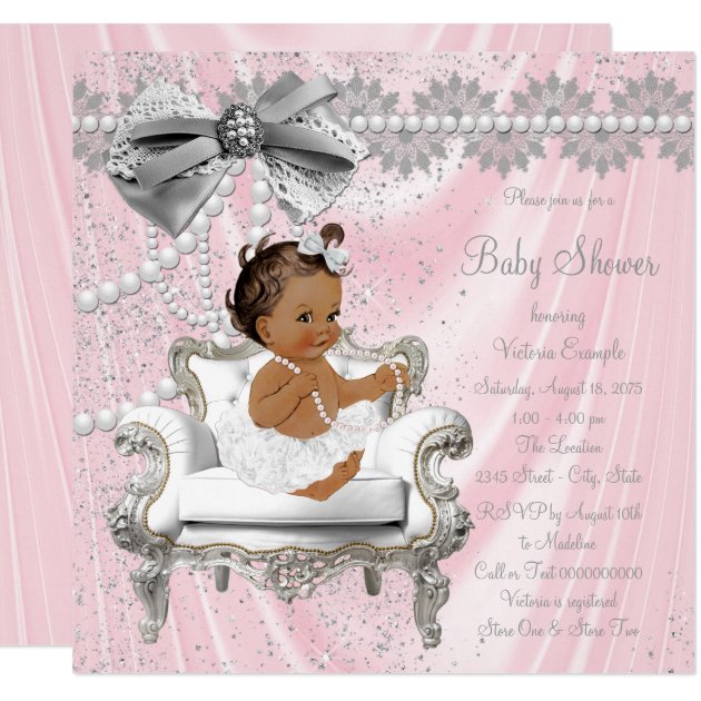 Pink Gray Pearl Chair Ethnic Girl Baby Shower Invitation