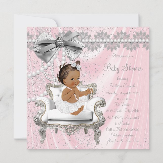 Pink Gray Pearl Chair Ethnic Girl Baby Shower Invitation (Front)