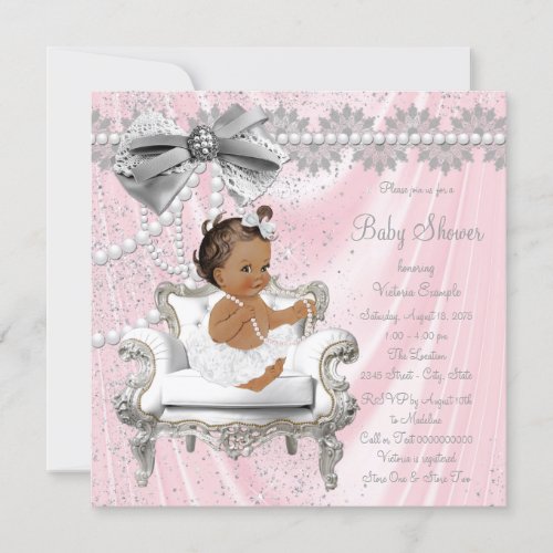 Pink Gray Pearl Chair Ethnic Girl Baby Shower Invitation