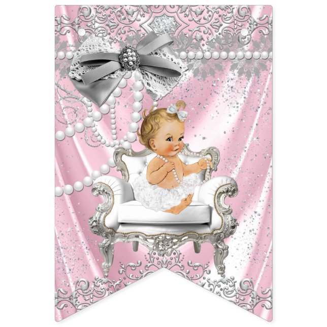Pink Gray Pearl Chair Girly Baby Shower Bunting Flags (First Flag)