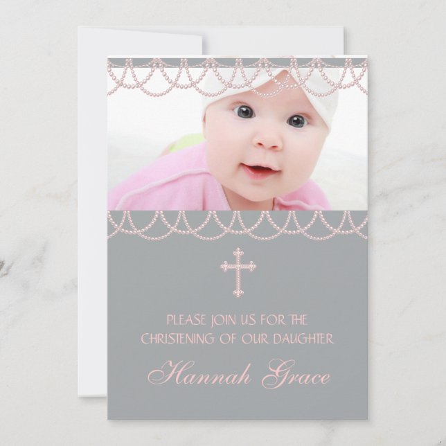 Pink Gray Pearl Cross Baby Girl Photo Christening Invitation (Front)