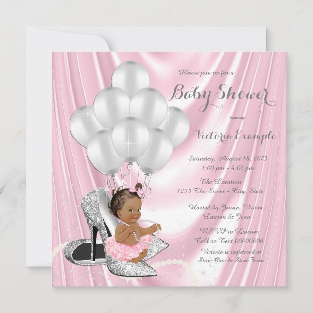 Pink Gray Pearl High Heel Ethnic Baby Shower Invitation (Front)