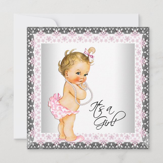 Pink Gray Pearl Vintage Baby Girl Shower Invitation (Front)