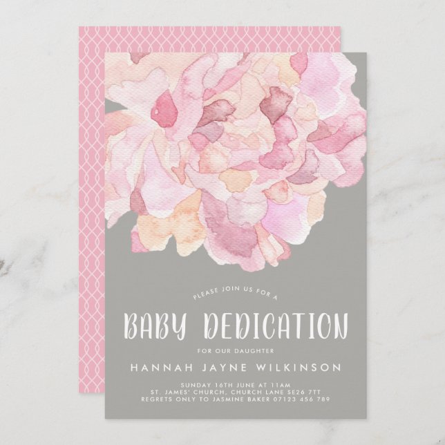 Pink & Gray Peony Watercolor Baby Dedication Invitation (Front/Back)