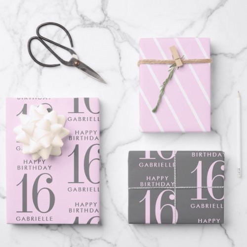 Pink Gray Personalized Custom Age Wrapping Paper Sheets