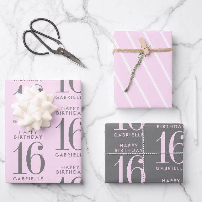 Pink Gray Personalized Custom Age Wrapping Paper Sheets (Front)
