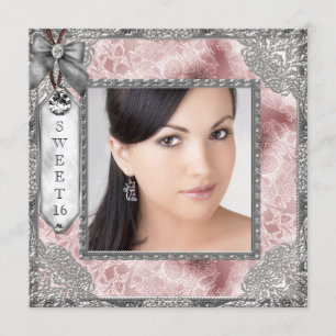 Pink Gray Photo Sweet 16 Birthday Party Invitation