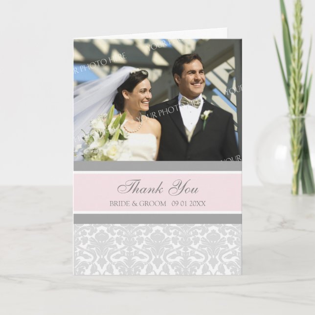 Pink Gray Photo Wedding Thank You Card (Front)