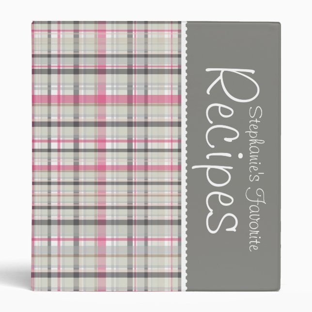 Pink & Gray Picnic Plaid Personalized Recipe Binder (Front)