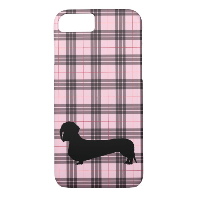 Pink Gray Plaid Dachshund Pattern Preppy Case-Mate iPhone Case (Back)