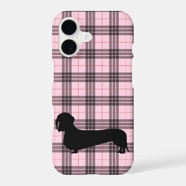 Pink Gray Plaid Dachshund Pattern Preppy Iphone Case (Back)