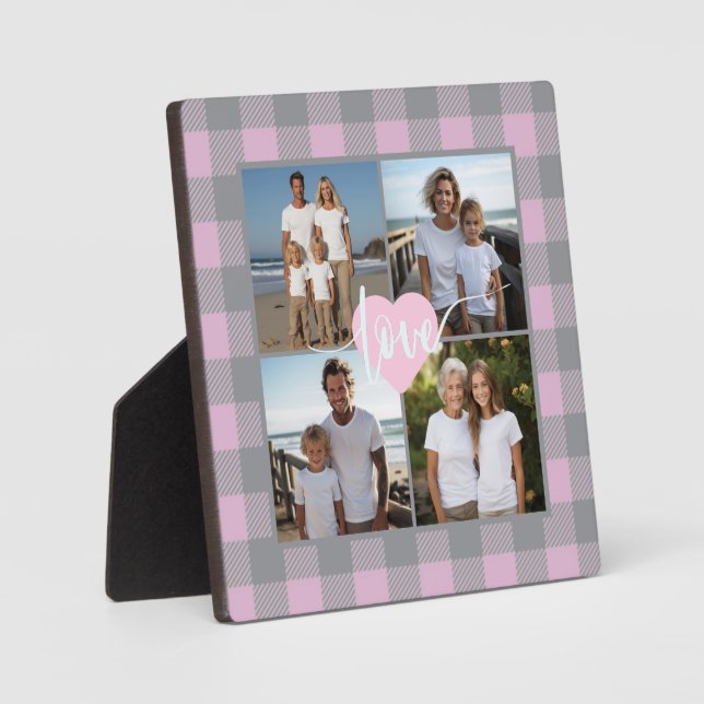 Pink gray plaid elegant Family 4 photo love heart Plaque (Front)