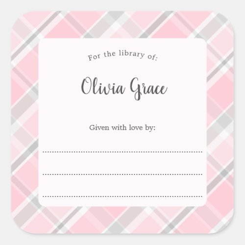 Pink Gray Plaid frame with name bookplate 