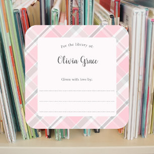 Pink Gray Plaid frame with name bookplate