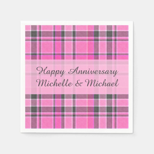 Pink Gray Plaid Tartan | Add Your Name Napkins (Front)