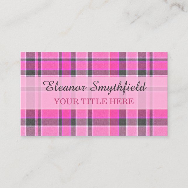 Pink Gray Plaid Tartan Business Card (Front)