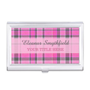 Pink Gray Plaid Tartan Business Card Holder