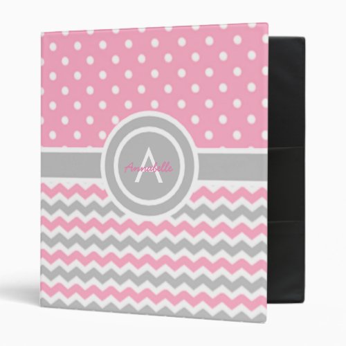 Pink Gray Polka Dot Chevron 3 Ring Binder